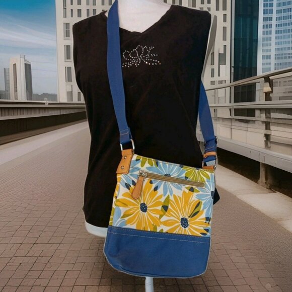 Franco Sarto Canvas Sunflower Floral Print Satchel Bag โ Blue Handles โ Medium - Picture 4 of 12